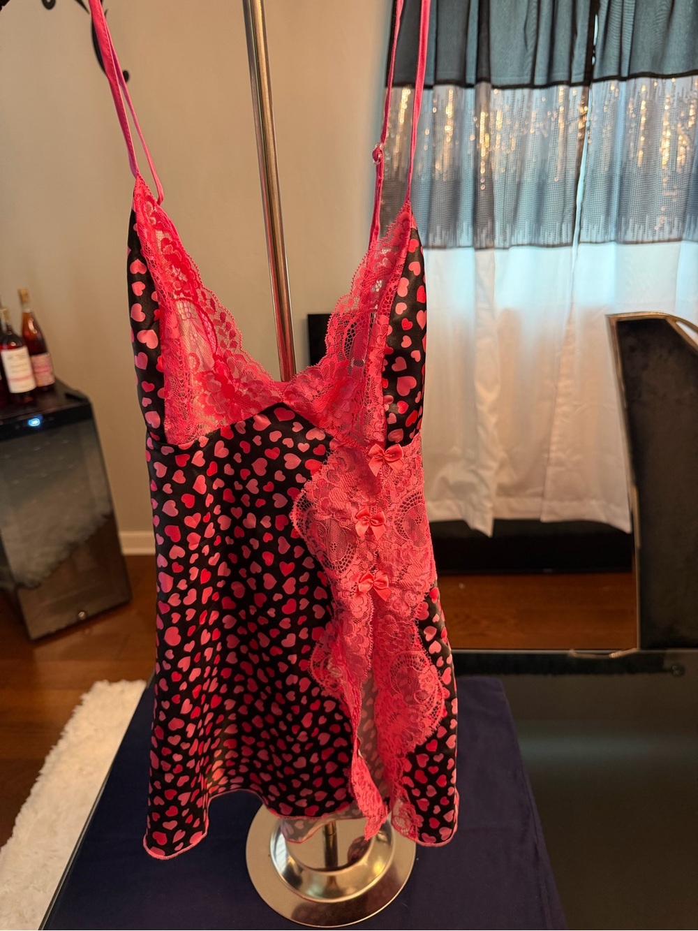 Shirley of Hollywood Black & Hot Pink Heart Lace Chemise
